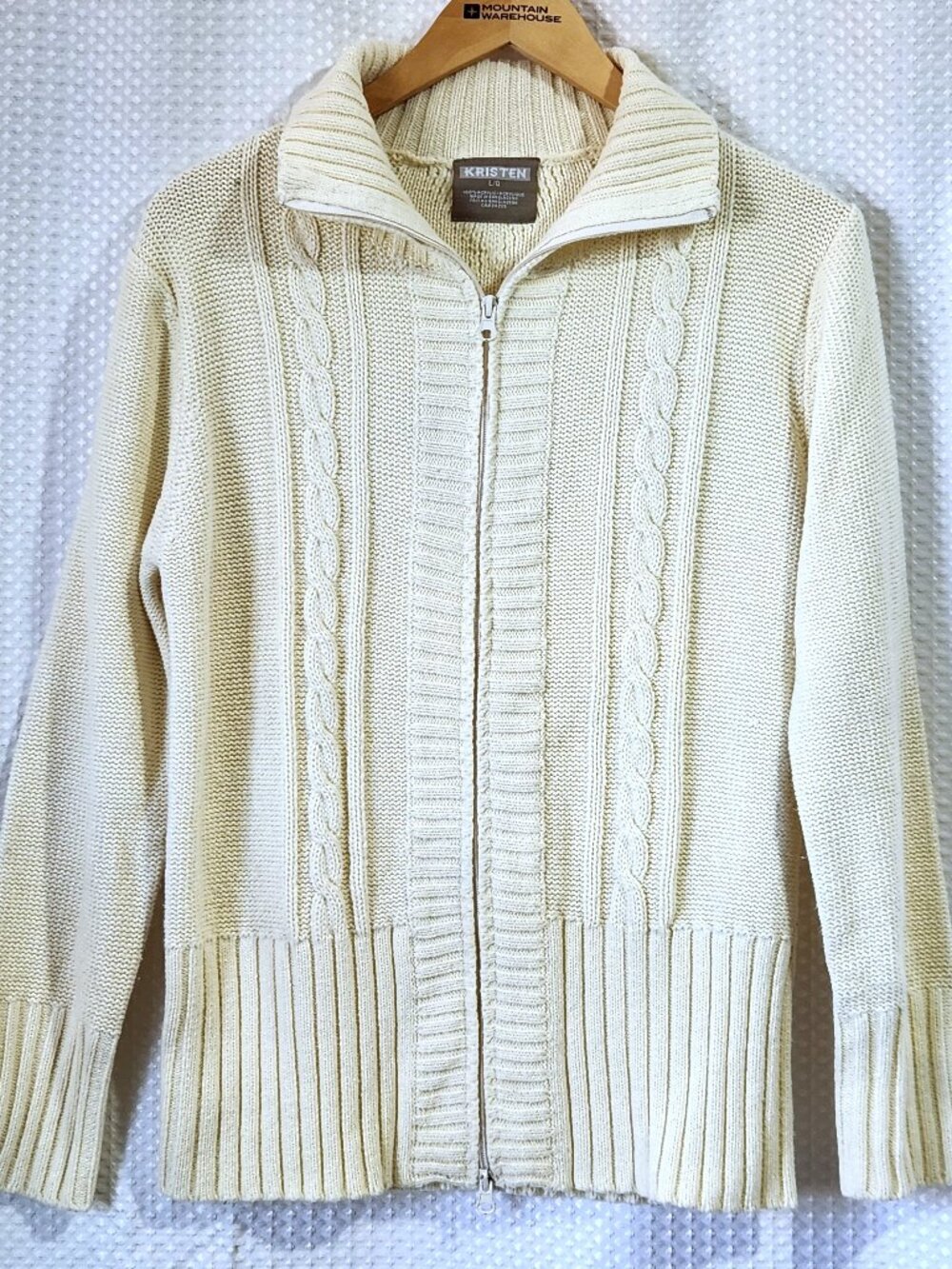 Cream Cable Knit Cardigan Sweater Womens Large Full Zip Mock Neck Jacket Kristen